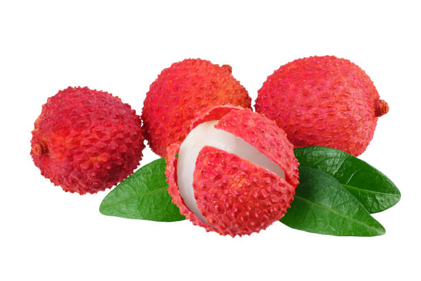 istock Fresh lychee with leaves isolated on white background. top view 1139610149