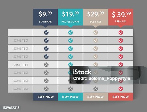istock Creative business plans web comparison pricing table. Design modern banner list. Abstract concept graphic websites, applications element. Vector EPS10 illustration. Colorful 3d chart. 1139612318