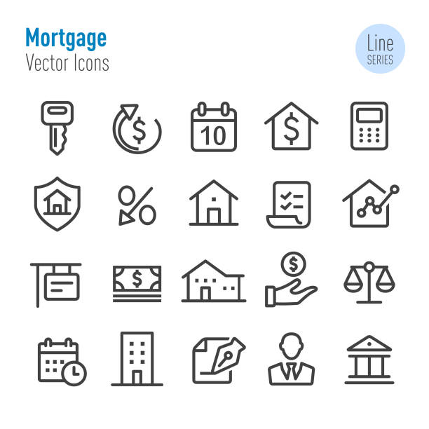ilustraciones, imágenes clip art, dibujos animados e iconos de stock de iconos hipotecarios-vector line series - key sold buying contract