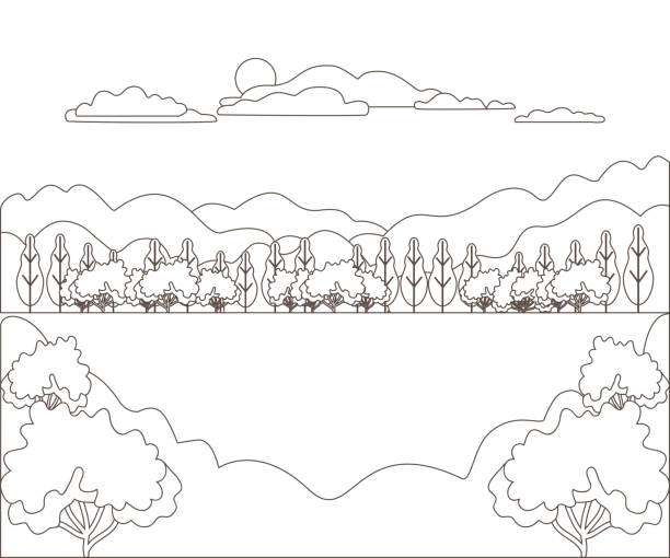 illustrations, cliparts, dessins animés et icônes de mince ligne contour paysage ferme rurale. panorama design extérieur village moderne avec montagne, colline, arbre, ciel, nuage et soleil. ligne art stile abstrait backround, illustration vectorielle linéaire - sky tree