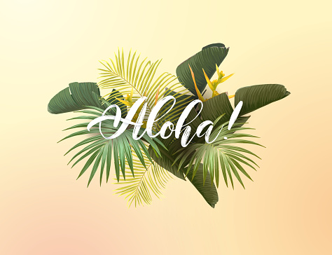 Summer tropical vector design for poster, banner or advertisment with exotic green palm leaves, flowers and handlettering on the bright background.