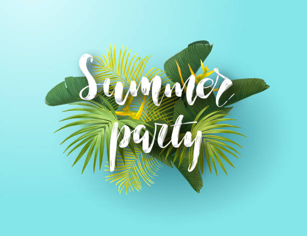 Summer tropical vector design for poster, banner or advertisment with exotic green palm leaves, flowers and handlettering on the bright background.