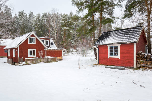 istock Winter scenery with red wooden house 1139620039