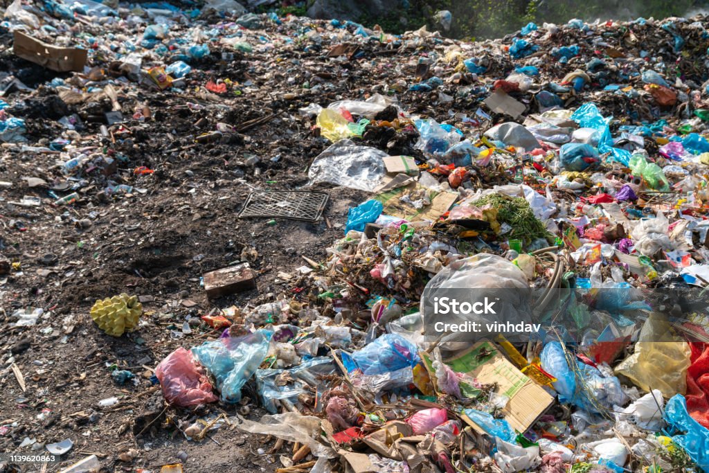 Pile of various domestic garbage in landfill Bag Stock Photo