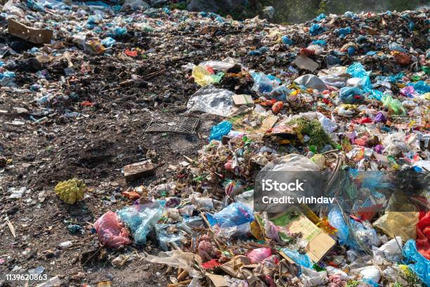 Pile Of Various Domestic Garbage In Landfill Stock Photo - Download Image Now - Garbage, Bag, Bottle
