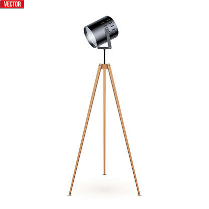 Decorative Spotlight Floor Lamp Tripod Original Sample Model with solid wood legs. For Loft, Living Room, Bedroom, Study Room and Office. Vector Illustration isolated on white background.