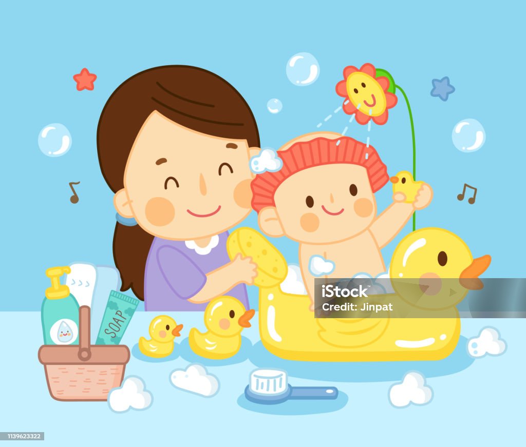 Happy Baby Wear Shower Cap Bathing With Mom Stock Illustration - Download  Image Now - Baby - Human Age, Bathtub, Child - iStock
