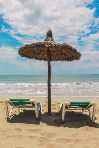istock Thatched Parasol And Lounge Chairs On Beach Against Cloudy Sky 1139623859