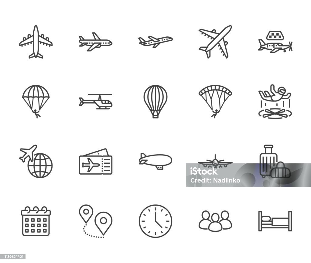 Aircraft flat line icons set. Airplane, helicopter, air taxi, skydiving, balloon, aero tube, paragliding vector illustration. Thin signs for plane tickets store. Pixel perfect 64x64. Editable Strokes Aircraft flat line icons set. Airplane, helicopter, air taxi, skydiving, balloon, aero tube, paragliding vector illustration. Thin signs for plane tickets store. Pixel perfect 64x64. Editable Strokes. Icon Symbol stock vector