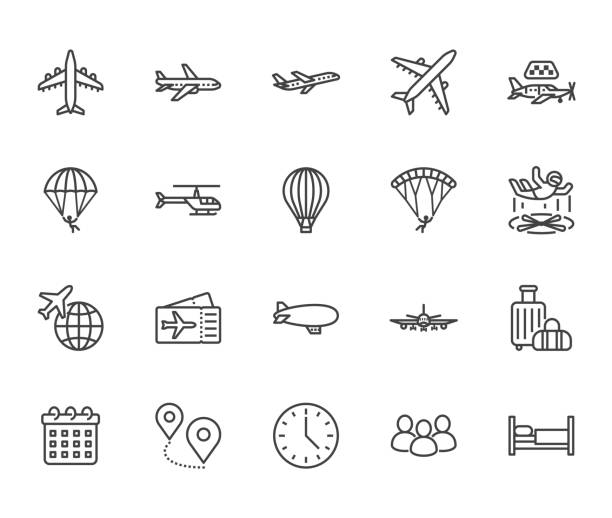 Aircraft flat line icons set. Airplane, helicopter, air taxi, skydiving, balloon, aero tube, paragliding vector illustration. Thin signs for plane tickets store. Pixel perfect 64x64. Editable Strokes Aircraft flat line icons set. Airplane, helicopter, air taxi, skydiving, balloon, aero tube, paragliding vector illustration. Thin signs for plane tickets store. Pixel perfect 64x64. Editable Strokes. travel symbols stock illustrations