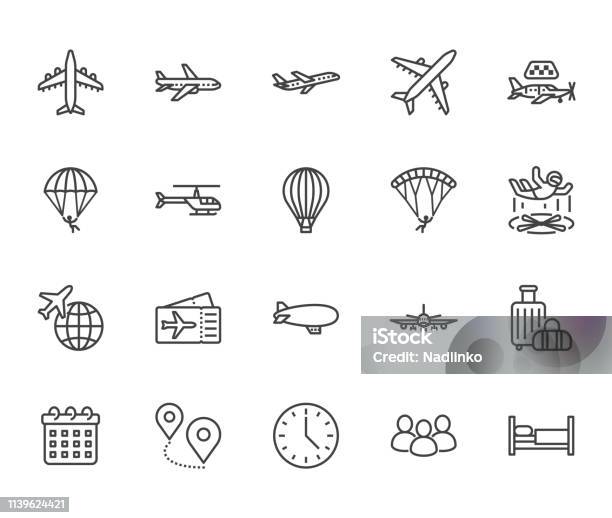 Aircraft Flat Line Icons Set Airplane Helicopter Air Taxi Skydiving Balloon Aero Tube Paragliding Vector Illustration Thin Signs For Plane Tickets Store Pixel Perfect 64x64 Editable Strokes Stock Illustration - Download Image Now