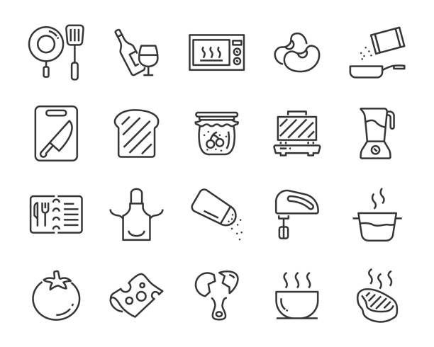 set food ingredient icon set, such as, kitchen ware, pot,  cooking, menu set food ingredient icon set, such as, kitchen ware, pot,  cooking, menu steak and eggs breakfast stock illustrations