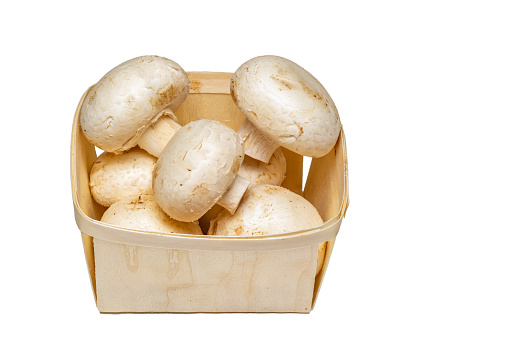 Champignon mushrooms in a basket isolated on white background.