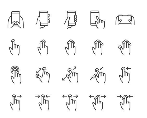 ilustraciones, imágenes clip art, dibujos animados e iconos de stock de conjunto de iconos de gestos táctiles de mano, como la mano, la aplicación, el teléfono, el grifo, el tacto - swiper