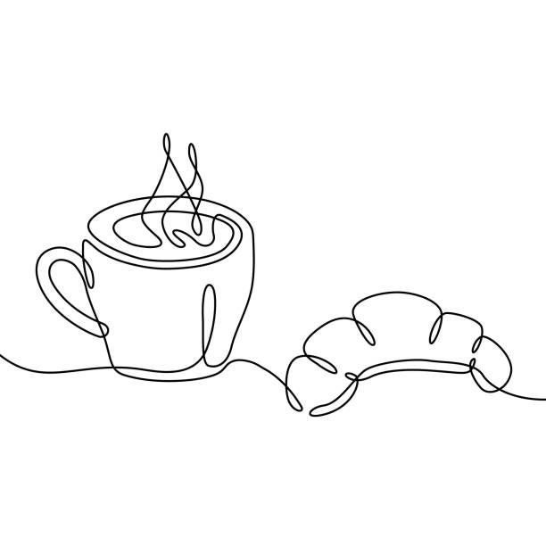 ilustrações de stock, clip art, desenhos animados e ícones de coffee cup and croissant continuous one line drawing. black and white sketch vector illustration. - pequeno almoço ilustrações