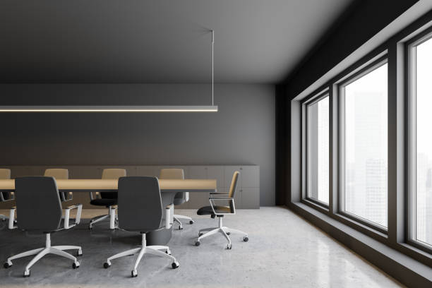 istock Gray meeting room interior, beige chairs 1139629693