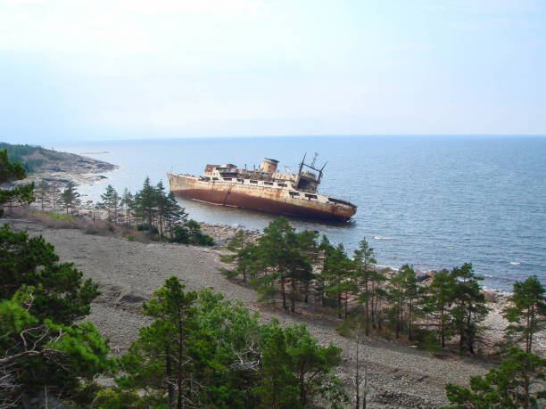 Large broken scientific ship in the Baltic sea