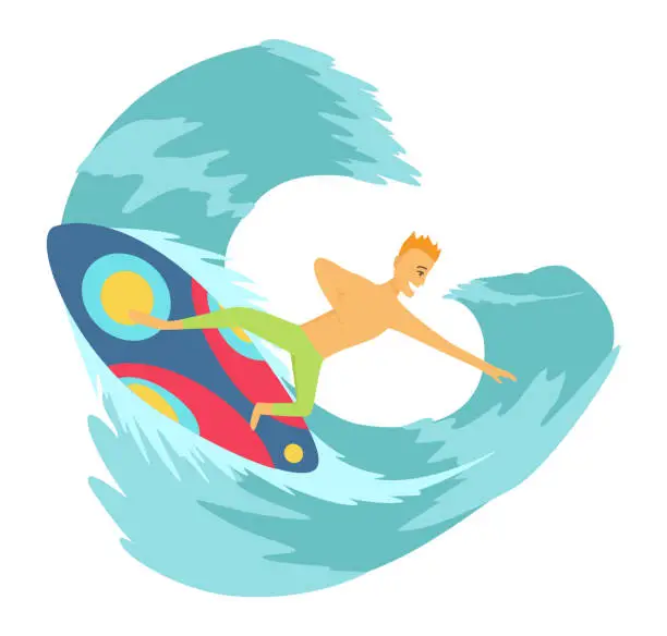 Vector illustration of Young man surfboarder riding a surfboard in the wave vector illustartion