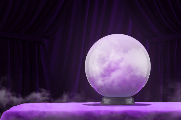 Magic ball on purple table Crystal magic ball standing on purple table with dark purple curtains in background. Concept of prediction of future and mystery. 3d rendering crystal ball stock pictures, royalty-free photos & images