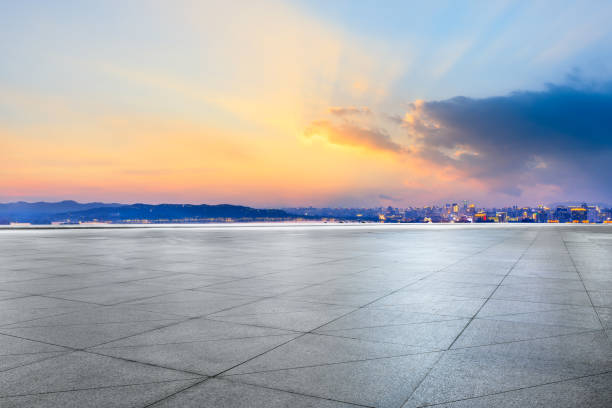 istock Empty floor and beautiful city scenery with mountain in Hangzhou 1139633792