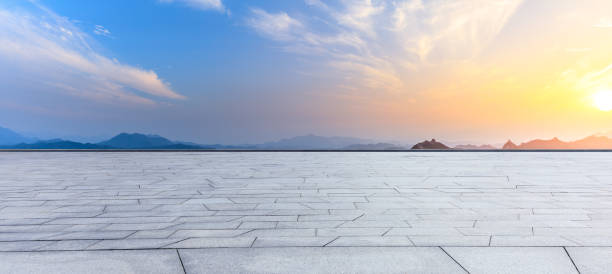 istock Empty square and beautiful mountain with great wall in China 1139635922