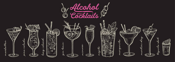 ilustraciones, imágenes clip art, dibujos animados e iconos de stock de ilustración de cóctel, bebidas de alcohol dibujadas a mano vector - bloody mary