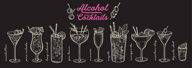 Cocktail illustration, vector hand drawn alcohol drinks Cocktail illustration - margarita, mojito, gin tonic, mimosa, pina colada, long island, manhattan, martini for restaurant. Vector hand drawn alcohol drinks for bar and pub. Design with lettering. margarita illustrations stock illustrations