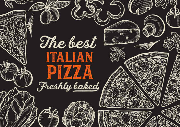 Pizza illustration for italian cuisine restaurant. Pizza illustration for restaurant on vintage background. Vector hand drawn poster for food cafe and italian cuisine truck. Design with lettering and doodle graphic vegetables. pizzeria stock illustrations