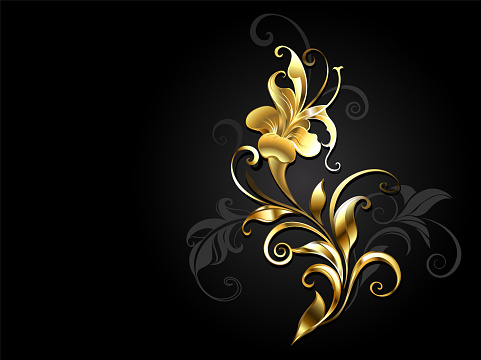 Antique, sparkling, jewelry, winding flower with gold and gray leaves on black background.