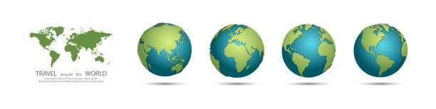 earth globes sammlung. set von 3d-erdkugeln mit schatten. reisen rund um das weltkonzept - planet sphere globe usa stock-grafiken, -clipart, -cartoons und -symbole