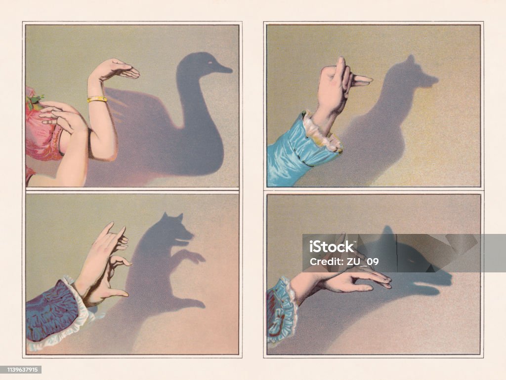Hand shadow puppets: swan, bear, greyhound, wolf, chromolithograph, published 1888 Hand shadow puppets: swan, bear, greyhound, and wolf. Chromolithographs after drawings, published in 1888. Hand stock illustration