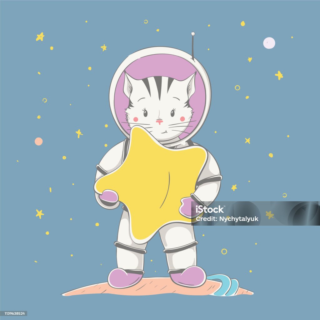 Lovely cute kitten girl hold the star and stand on the planet in space. Space series of children's card Lovely cute kitten girl hold the star and stand on the planet in space. Space series of children's card with cartoon style animal. Easy vector illustration Animal stock vector