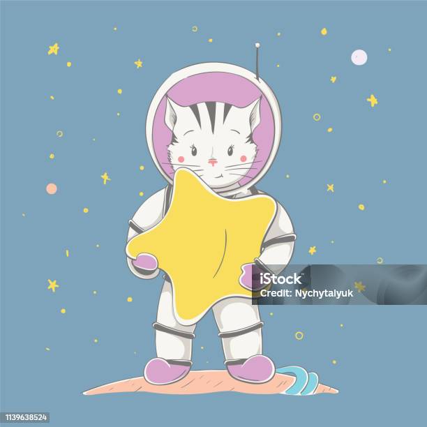 Lovely Cute Kitten Girl Hold The Star And Stand On The Planet In Space Space Series Of Childrens Card Stock Illustration - Download Image Now