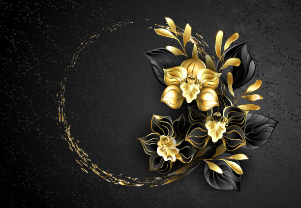istock Black jewelry orchid with gold paint 1139640322