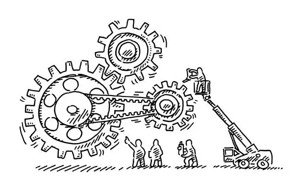 Vector illustration of Gears Maintenance Little Human Figures Drawing