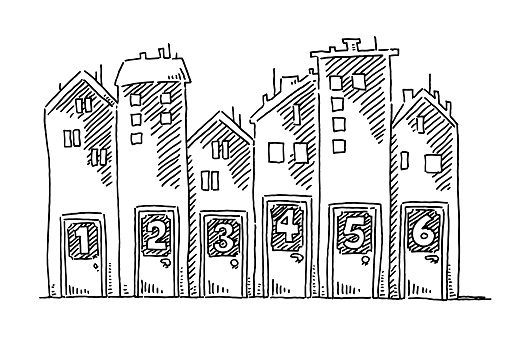 Hand-drawn vector drawing of a Group Of Buildings with House Door Numbers. Black-and-White sketch on a transparent background (.eps-file). Included files are EPS (v10) and Hi-Res JPG.
