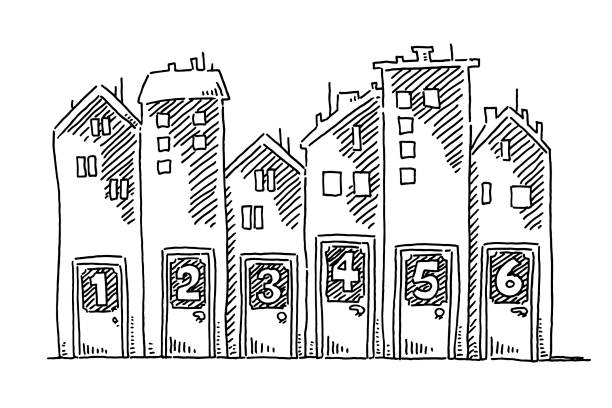 Group Of Buildings House Door Numbers Drawing Hand-drawn vector drawing of a Group Of Buildings with House Door Numbers. Black-and-White sketch on a transparent background (.eps-file). Included files are EPS (v10) and Hi-Res JPG. house numbers stock illustrations