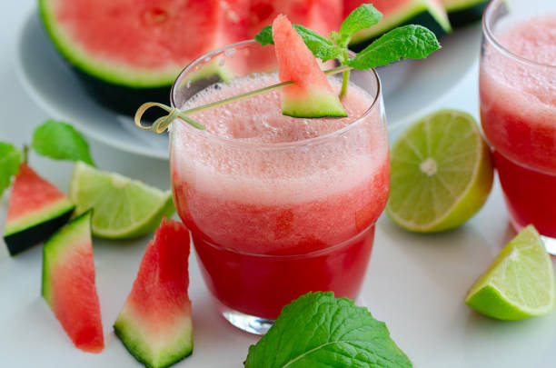 istock Watermelon smoothie  with lemon and mint to cool down on hot days. Refreshening fruit drink  for hot summer days. 1139642527
