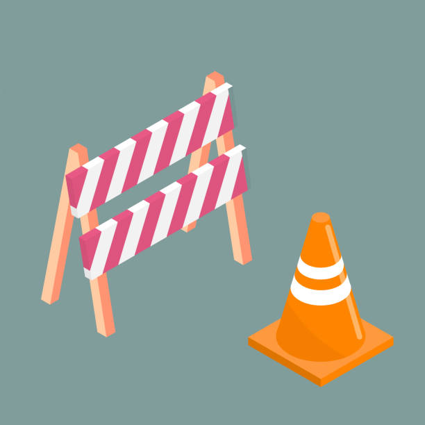 Traffic cone and barrier board isolated on white background. Vector isometric illustration. Sign for road repair. Traffic cone and barrier board with white red stripes isolated on white background. Road repair, under construction road sign. Flat 3d vector isometric illustration traffic cone isolated road warning sign three dimensional shape stock illustrations