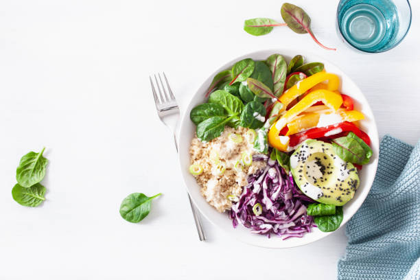 istock veggie couscous lunch bowl with avocado, bell peppers, spinach and red cabbage 1139642679