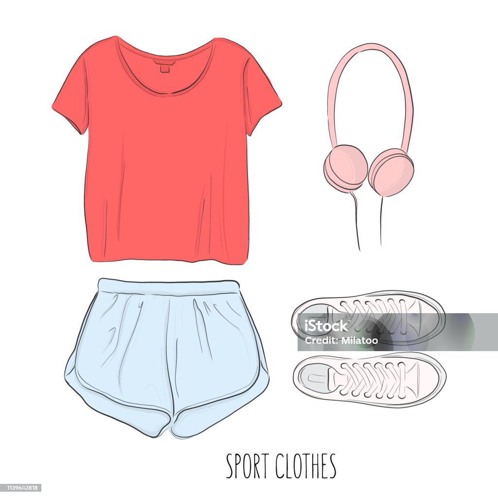 Sportswear Outfit Vector Handdrawn Sketch With Sport Clothes Tshirt Shorts  Shoes And Earphones Flatlay Art Stock Illustration - Download Image Now -  iStock
