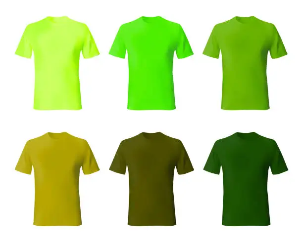 Vector illustration of Shirt design template. Set men t shirt green, khaki color. Realistic mockup shirts model male fashion.