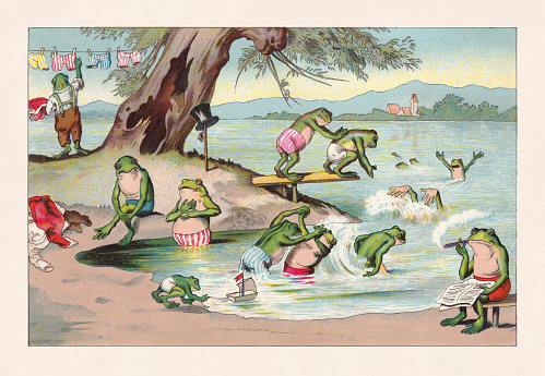 Frog bath, nostaalgic animal caricature. Chromolithograph after a drawing, published in 1888.