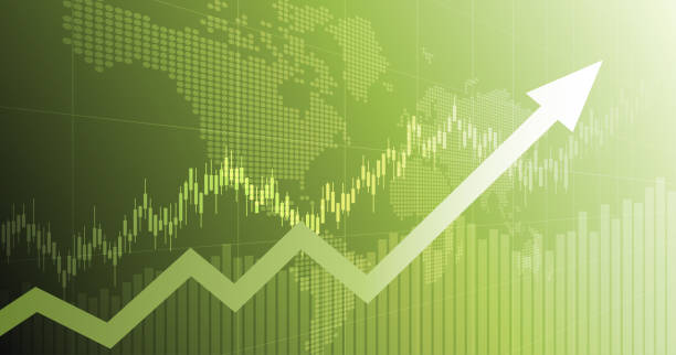 widescreen abstrakte finanzkarte mit uptrend-line-pfeildiagramm und weltkarte auf grünem farbhintergrund - business green finance world map stock-grafiken, -clipart, -cartoons und -symbole