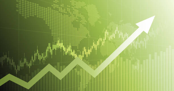 ilustrações, clipart, desenhos animados e ícones de gráfico financeiro abstrato panorâmico com gráfico da seta da linha de tendência e mapa de mundo no fundo verde da cor - bolsa de valores