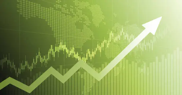 Vector illustration of widescreen abstract financial chart with uptrend line arrow graph and world map on green color background