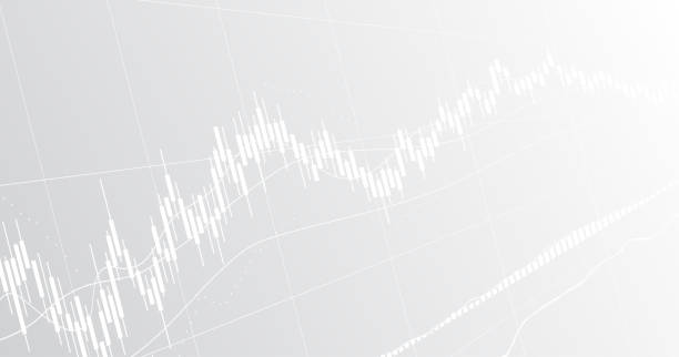 panoramiczny abstrakcyjny wykres finansowy z wykresem linii trendu wzrostowego i świecznikiem na czarno-białym tle kolorów - stock market white colors finance stock illustrations