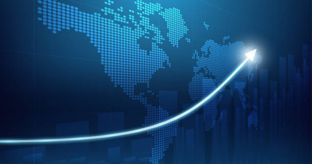 ilustrações de stock, clip art, desenhos animados e ícones de widescreen abstract financial chart with uptrend line arrow graph and world map on blue color background - stock market graph chart arrow sign