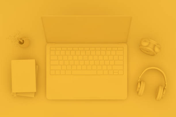 istock Top view desktop with Laptop, Minimal technology idea concept. 1139649166