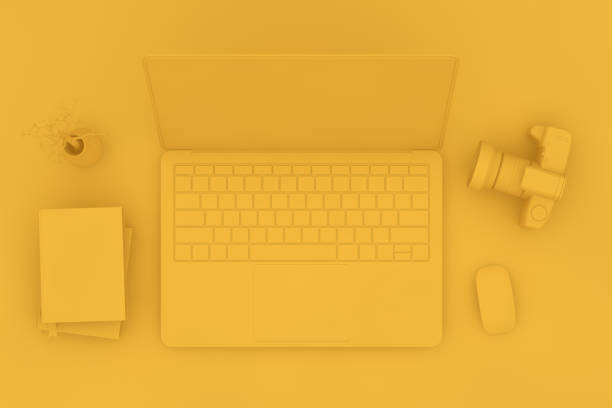 istock Top view desktop with Laptop, Minimal technology idea concept. 1139649232